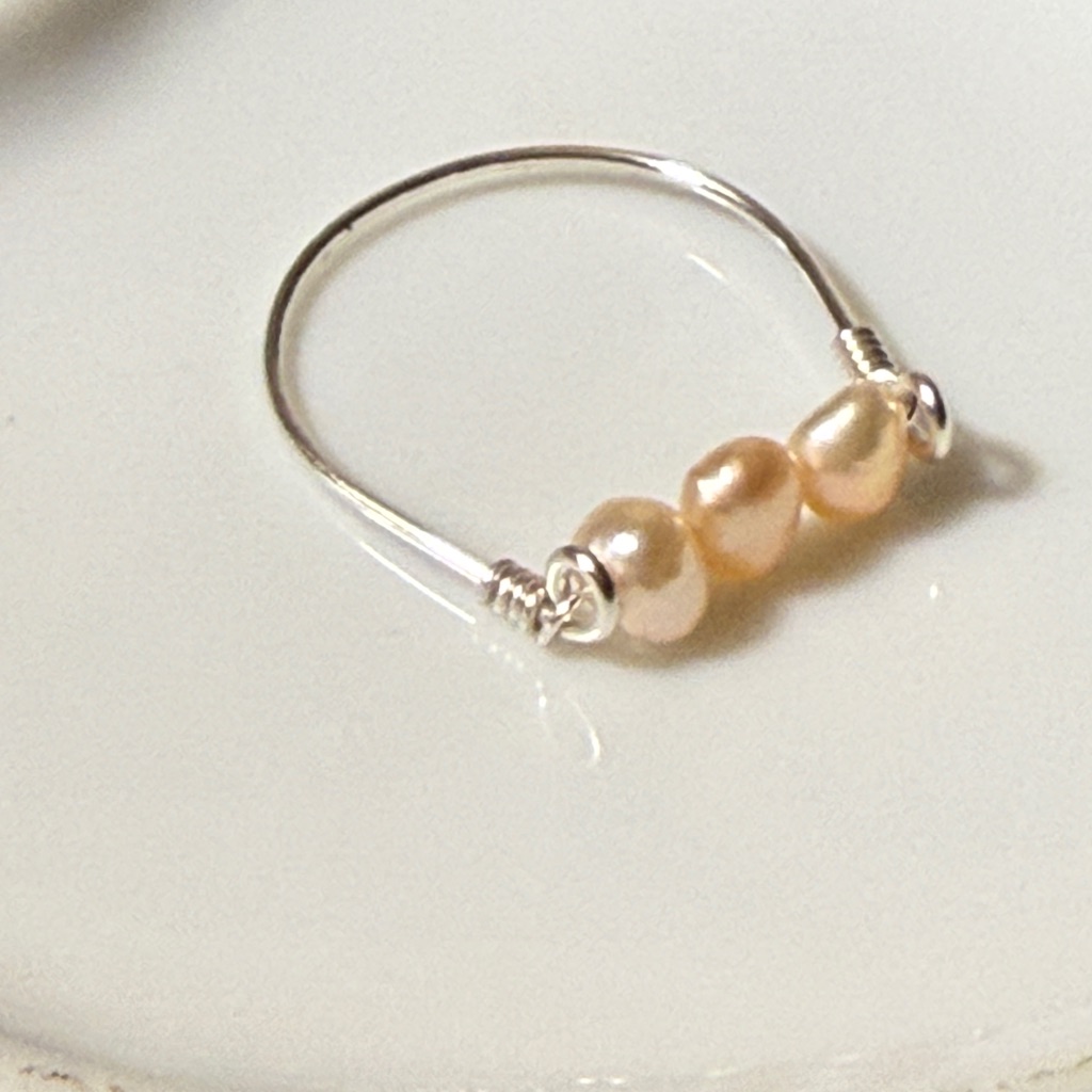 Peach Pearl Ring Handmade Wire Wrapped Silver Size 9 Silver Tarnish Resistant